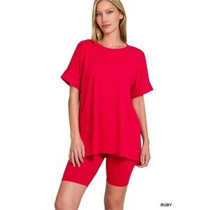 Zenana Full Size Brushed Dty Microfiber Round Neck Top and Biker Shorts Set